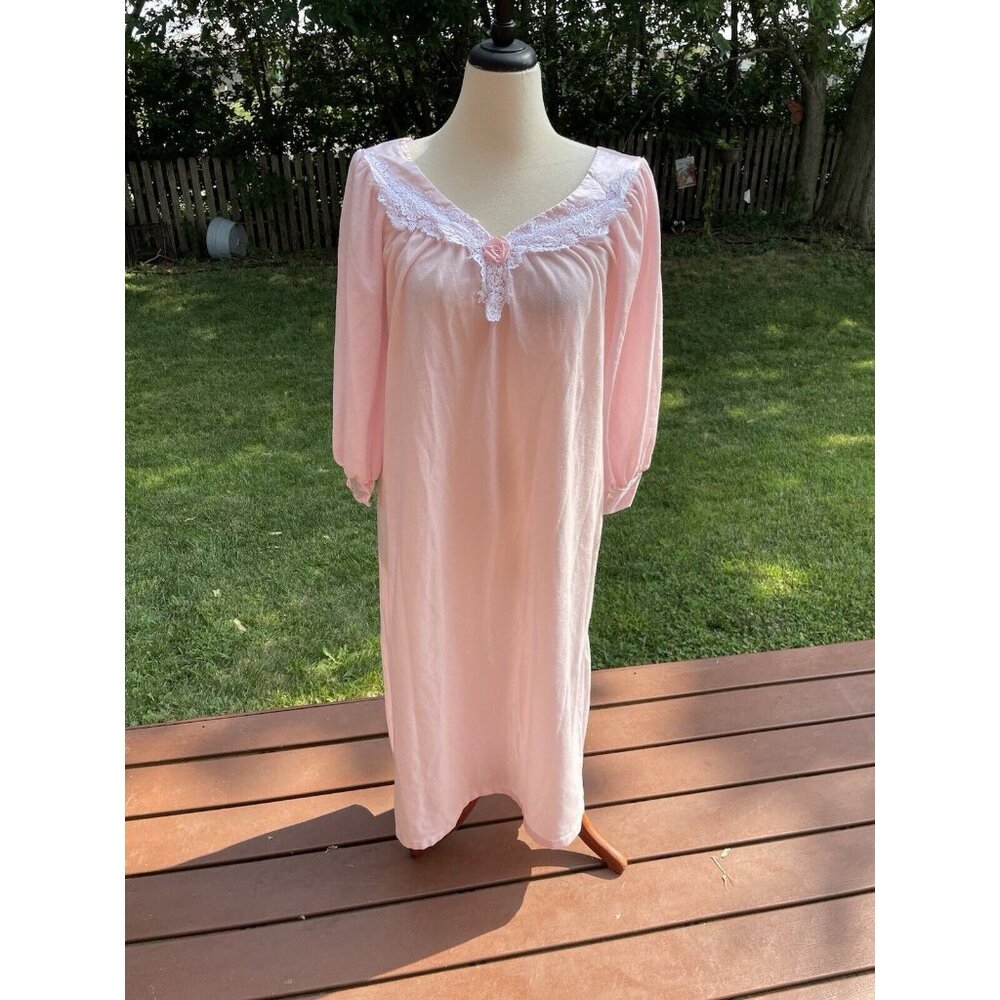Vintage Donna Richard Pink Nightgown With Lace Trim & Rose Detail - Womens Mediu